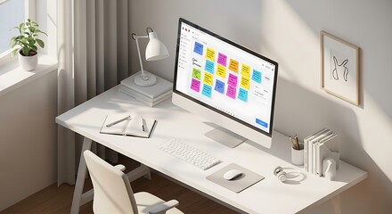 A modern desk setup with a computer displaying sticky notes and a plant