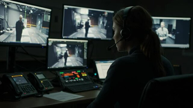 Female surveillance operator at her workstation. A woman with a headset monitors CCTV footage in a dark control room.