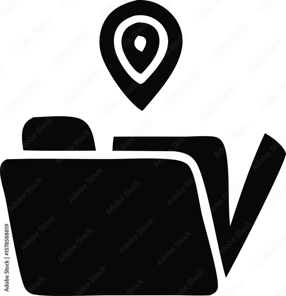 Poster simple black icon representing a location pin hovering above an open folder symbolizing data organiz