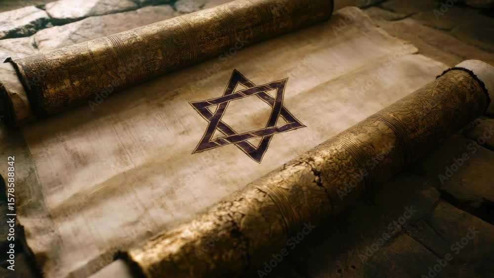 Poster a scroll of paper with a star of david on it. the scroll is gold and has a purple border