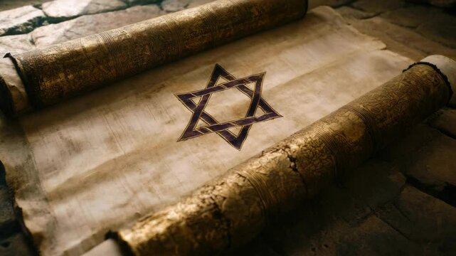 A scroll of paper with a star of david on it. The scroll is gold and has a purple border