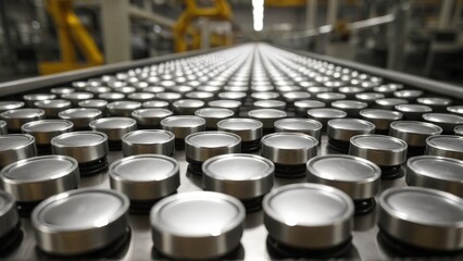 Obraz premium Rows of identical round silver metal bottle caps mockup moving on a clean, modern factory conveyor belt. Metallic textures, sense of precision and manufacturing, industrial aesthetic. Beverage packagi