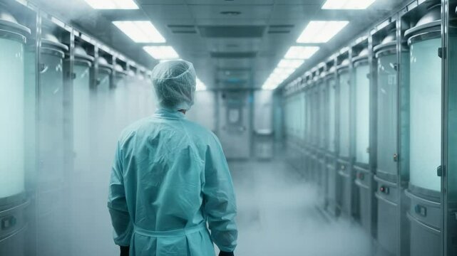 IB 02. Scientist in a protective suit walking through a futuristic laboratory with cryogenic stasis pods.