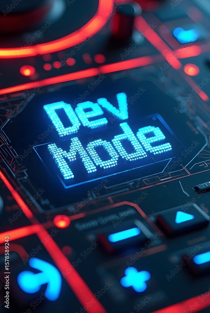 Poster glowing blue text dev mode on a dark, technologically advanced control panel with red accents and il