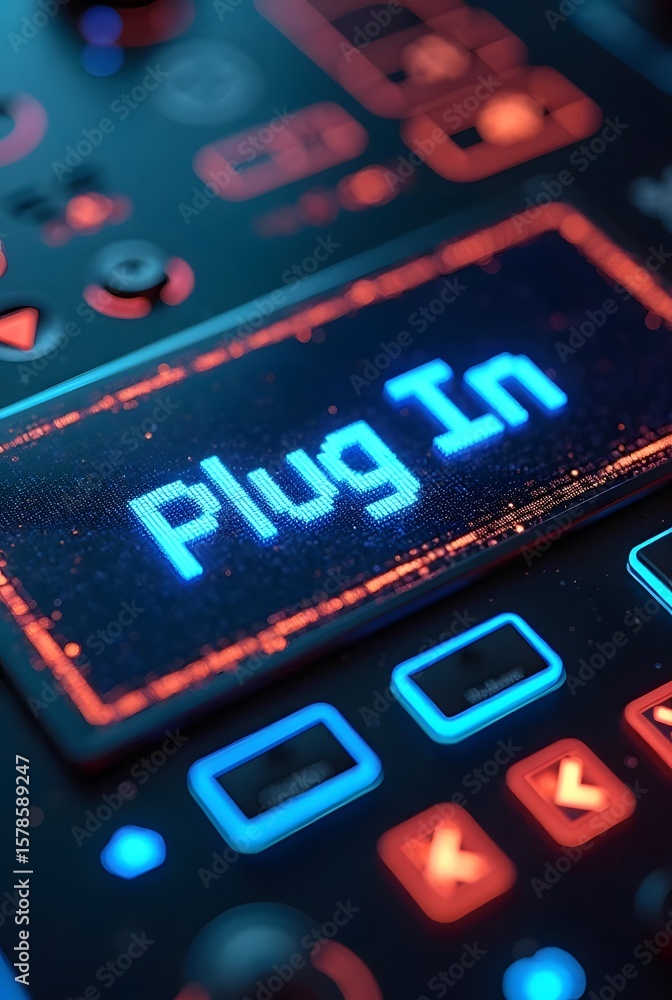 Fototapete bright blue plug in text glows on a neonlit digital control panel, surrounded by glowing orange and 