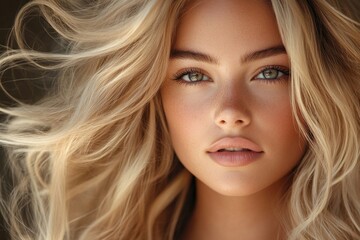 Naklejka premium Beautiful young woman with long wavy blonde hair and perfect skin