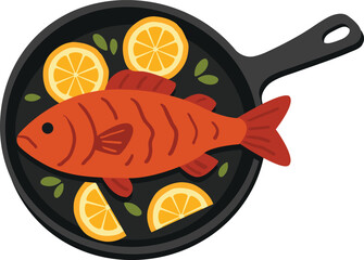 A vector flat-style illustration featuring a whole grilled fish in a black frying pan, garnished with lemon slices and herbs. Perfect for culinary blogs, seafood recipes, restaurant menus
