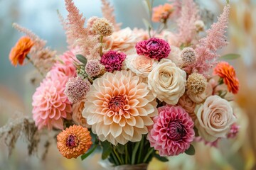 Beautiful wedding bouquet showcasing vibrant dahlias, elegant roses, and airy astilbe, creating a romantic and colorful arrangement