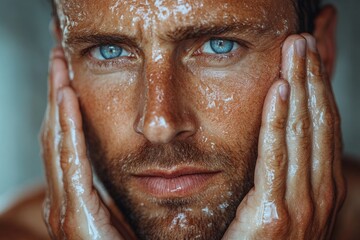 Handsome man gently washing his face with soap, enjoying his daily skincare routine for healthy and clean skin