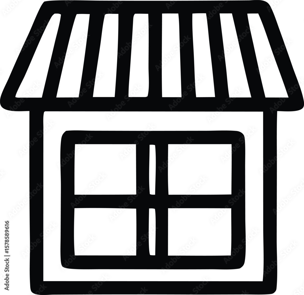Poster simple black and white line drawing of a storefront with a striped awning and a four pane window