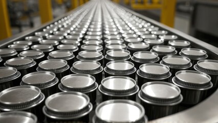 Fototapeta premium Rows of identical round silver metal bottle caps mockup moving on a clean, modern factory conveyor belt. Metallic textures, sense of precision and manufacturing, industrial aesthetic. Beverage packagi