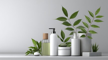 Cosmetic Bottle with Plant on Shelf