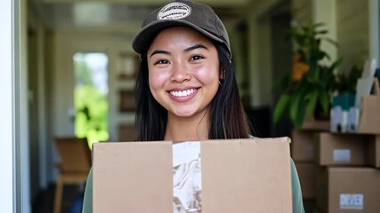 Smiling delivery woman holds package at home entrance on sunny afternoon ready to make her delivery, Smiling delivery woman holding a package, ready to deliver