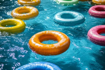 Many colorful inflatable rings are floating on the rippled water surface of a swimming pool on a sunny day