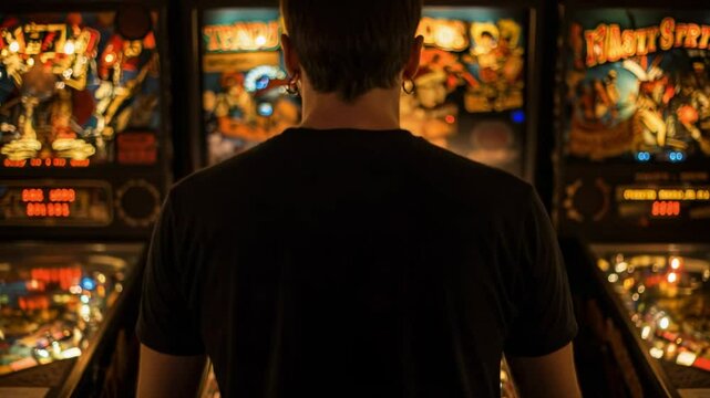 Man seen from behind playing classic pinball machines in a dark arcade. Retro gaming and entertainment concept with vintage games.