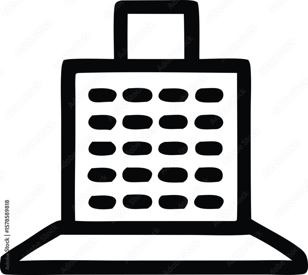 Poster a simple black and white line drawing of a stylized building with multiple windows and a flat roof p
