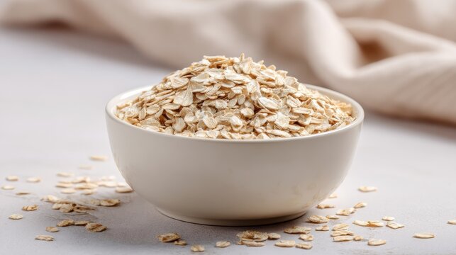 Healthy rolled oat flakes in a white bowl on a clean background, perfect for promoting nutritious breakfast options and wellness lifestyle.