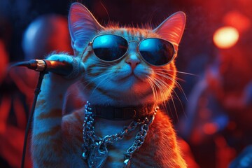 Cool cat wearing sunglasses and metal chain singing with microphone on stage under colorful lights