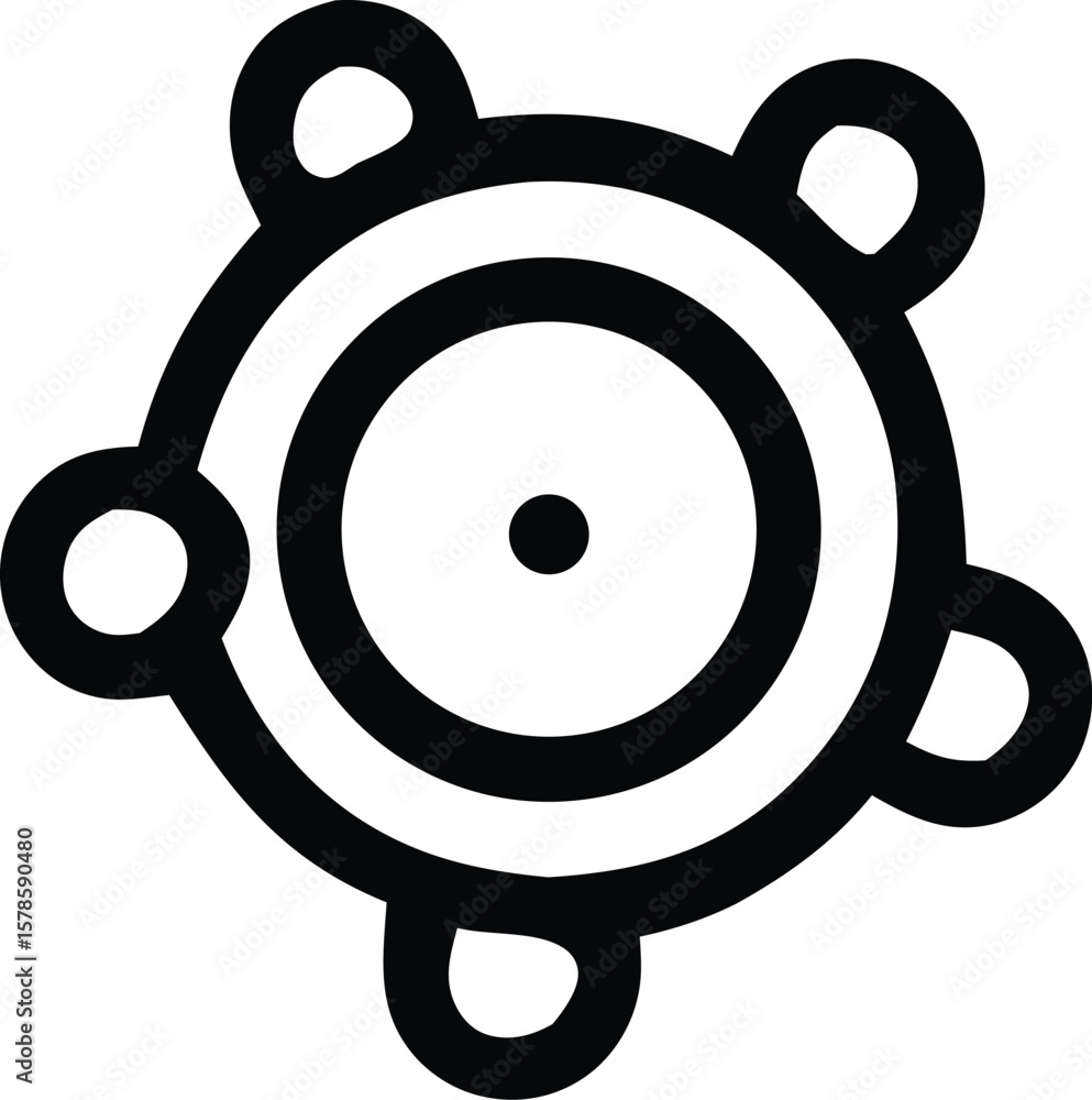 Poster abstract circular symbol with a central dot and five connected outer loops presented in bold black l