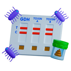 Clostridium difficile infection laboratory test kit showing positive results of GDH, toxin A and B with bacteria and stool sample.