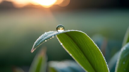 Morning dew rebalance on leaf reflecting sunrise represents nature's harmony