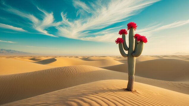 Blooming Cactus in Desert Landscape with Sand Dunes and Clear Sky