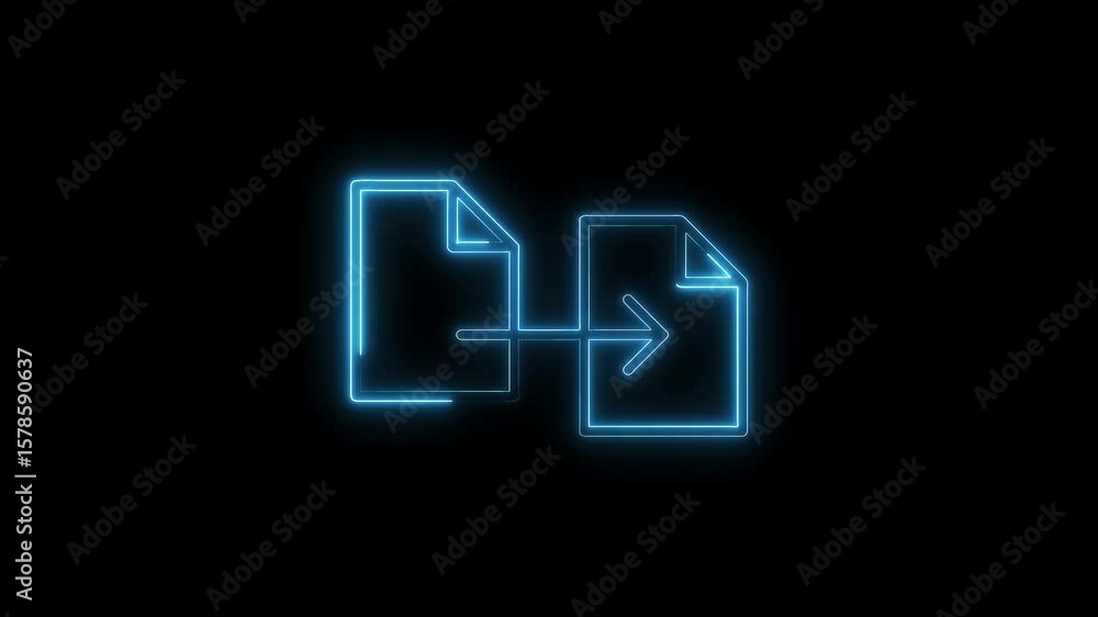 Poster neon style file transfer icon animation on black background for technology solutions