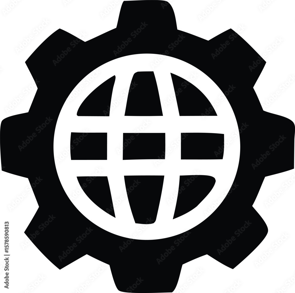 Poster global network infrastructure and technology development concept represented by a gear symbol enclos