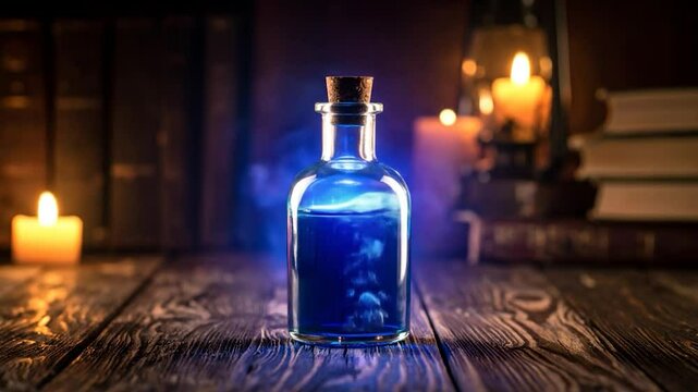 Blue potion in bottle sits on rustic table amidst books and candlelight
