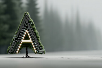 Futuristic Tree with Circuit Design on Misty Forest Background