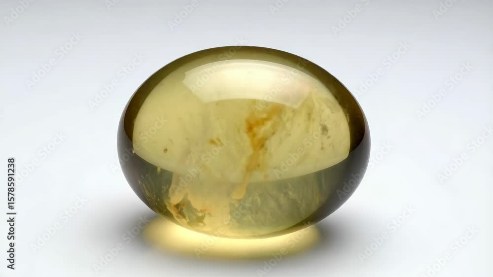 Poster translucent golden sphere with internal cloud-like formations resting on a white surface with soft s