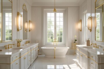 Symmetrical view of a luxurious, light-filled bathroom with two vanities and a central window. The elegant, classic design features clean lines and a bright, airy, spa-like atmosphere
