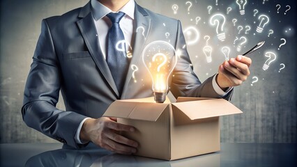 Businessman with Lightbulb Idea Emerging from Box Surrounded by Questions