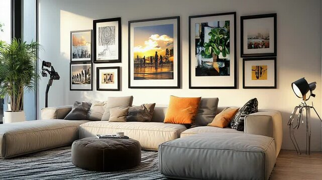Modern living room interior with sofa and gallery wall displaying art prints