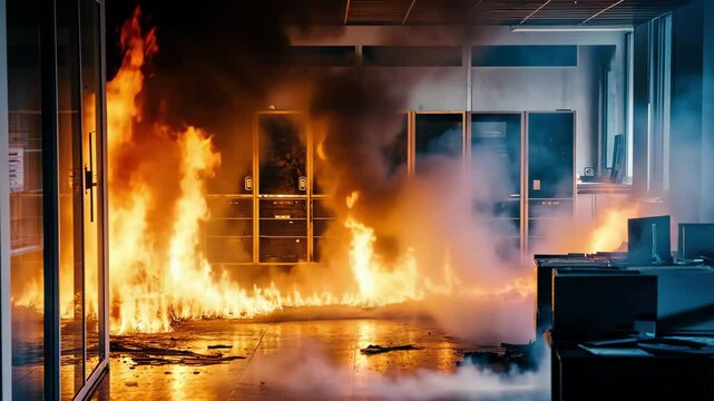 Intense flames engulf office space, creating chaos and smoke at night, Fire In Office Or Home With Smoke And Flames