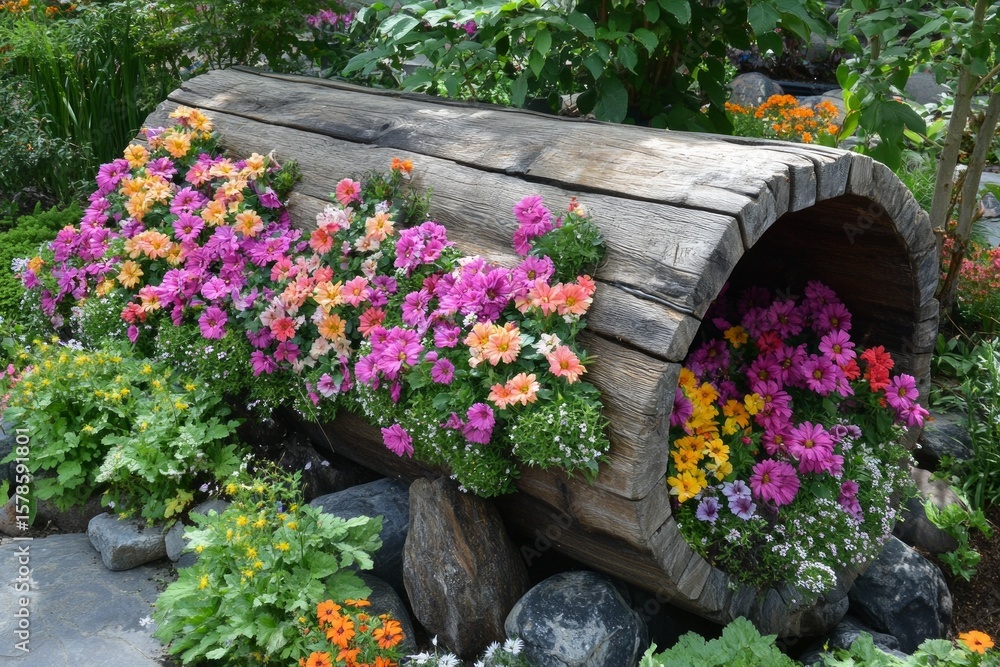 Poster vibrant flowers add a touch of color to a rustic hollow log planter, creating a charming focal point