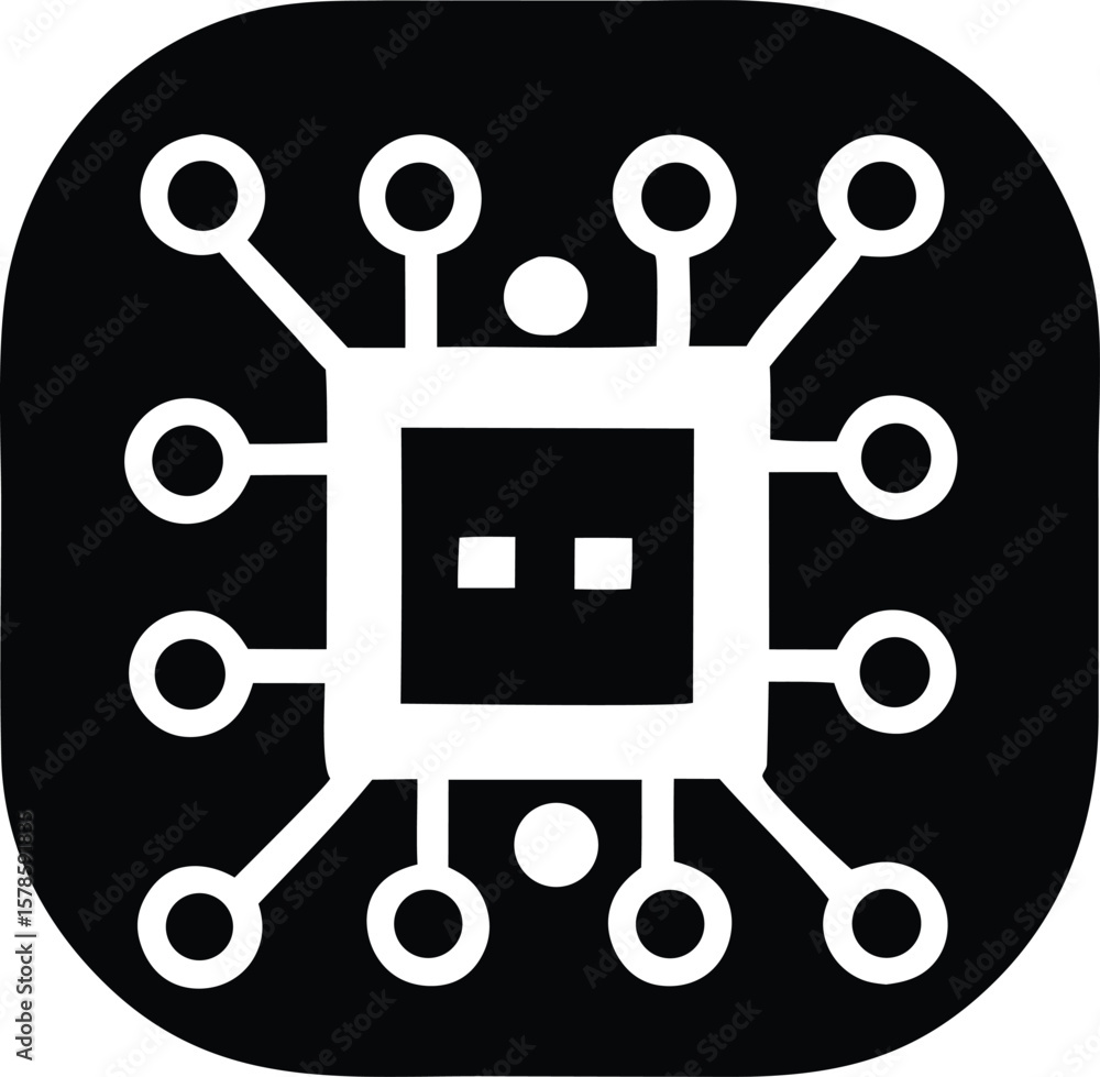 Poster stylized black and white icon representing a central processor unit with radiating connections and c