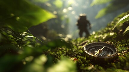 Intrepid adventurer, compass, navigating through a dense jungle with hidden temples and rare wildlife Photography, backlight, depth of field bokeh effect