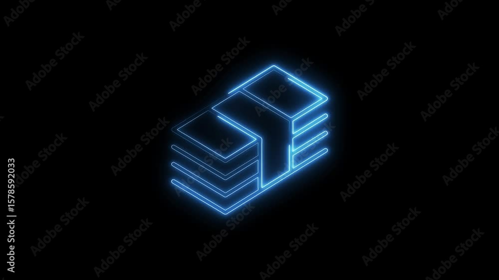 Poster abstract box stack glowing neon lines animation on black background for modern futuristic concept