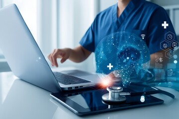 Modern Healthcare: Doctor at Computer with Digital Health Interface Representing AI, Virtual Medicine, and Advanced Technology for Data Analysis and Support.