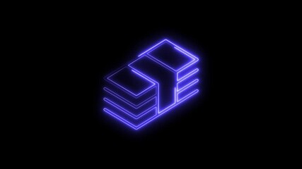 Isometric data stack with glowing blue neon edges against black backdrop animated - Powered by Adobe