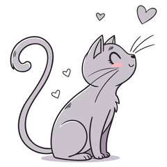 Cute Romantic Cat in Minimal Style with Hearts Vector Illustration