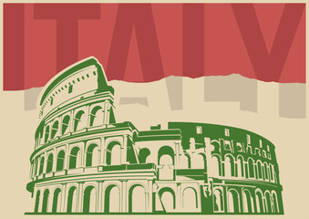 Italy Attraction Postcard, Rome Colosseum Ruins, Old Building Illustration. Vector Template for Touristic Posters, Covers