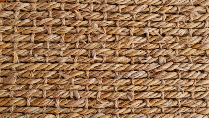 Close up of a woven natural fiber basket texture with detailed braiding and rough edges