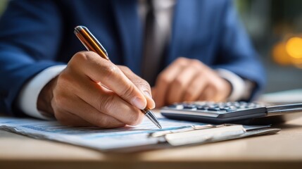 Fototapeta premium close up, business man or lawyer accountant working on accounts using a calculator and writing on documents, no logos, no brands