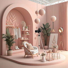 Modern 3D Background Scene with Minimalist Pink Tones Aesthetic Soft Lighting and High-Detail Decorative Props