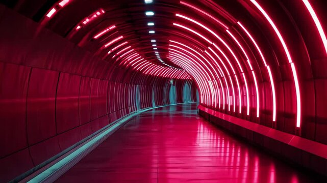 Vibrant red neon tunnel creates a rhythmic atmosphere for music lovers and nightlife enthusiasts, red neon tunnel music background