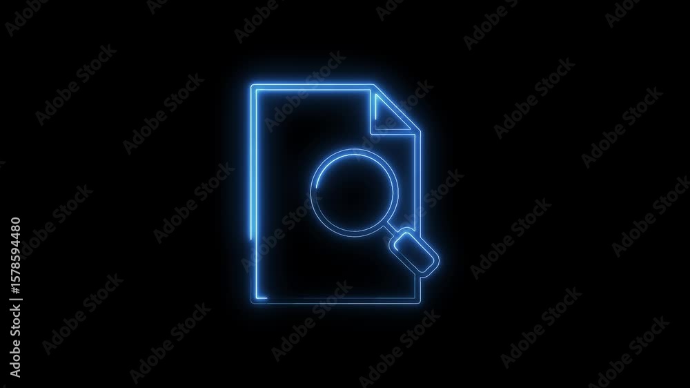Aufkleber glowing neon document review animation loop with magnifying glass on black background