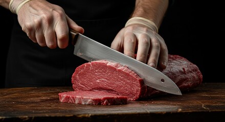 Close-up of a skilled butcher expertly slicing a fresh beef roast with a sharp knife on a rustic wooden cutting board