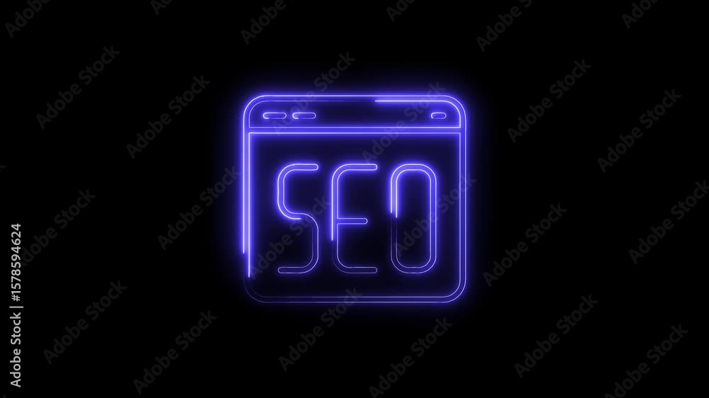 Poster neon seo browser window icon glows vividly on black background animated element